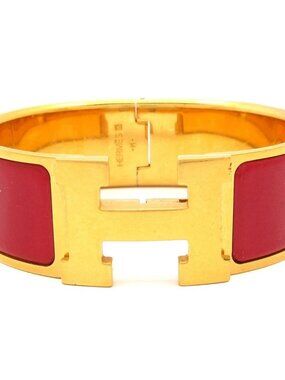 HERMES Clic Clac H Gold Red Hardware Patent Leather Bangle